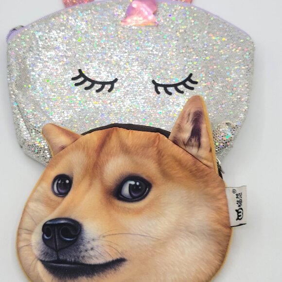 Shiba Inu & Sparkly Unicorn Coin Jewelry Trinket Bags Purse X-Dolls Small Cute - Picture 2 of 14